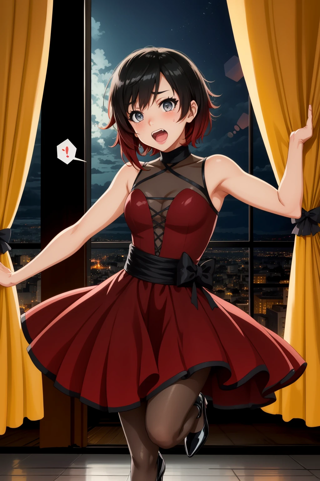 solo, <lora:RubyDance:1> rubyddi, ddirose, grey eyes, black gradient hair, dress, pantyhose, high heels, bow, dancing, ballroom, night, distant city, curtains, embarrassed, blushing, flying sweatdrops, (spoken exclamation mark)