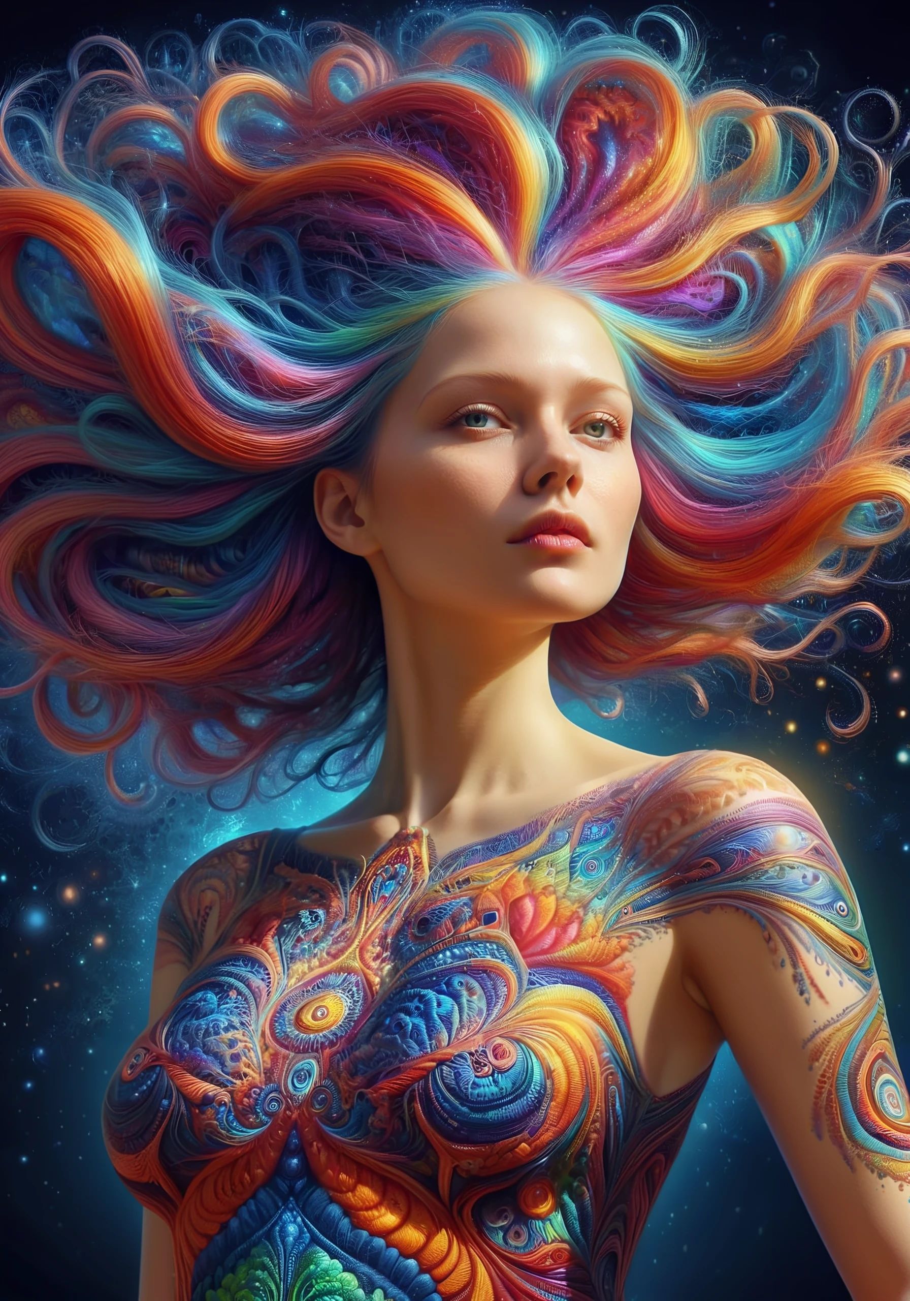 young naked beautiful girl, smiling, long white hair, blue eyes, midshot, fluorescent whole body Bathed in Rainbow Shades following Her Delicate body creating Surreal patterns. Featuring Intricate Patterns, night sky, hyperdetailed painting, 4k resolution,  render, octane render, intricately detailed patterns, cinematic