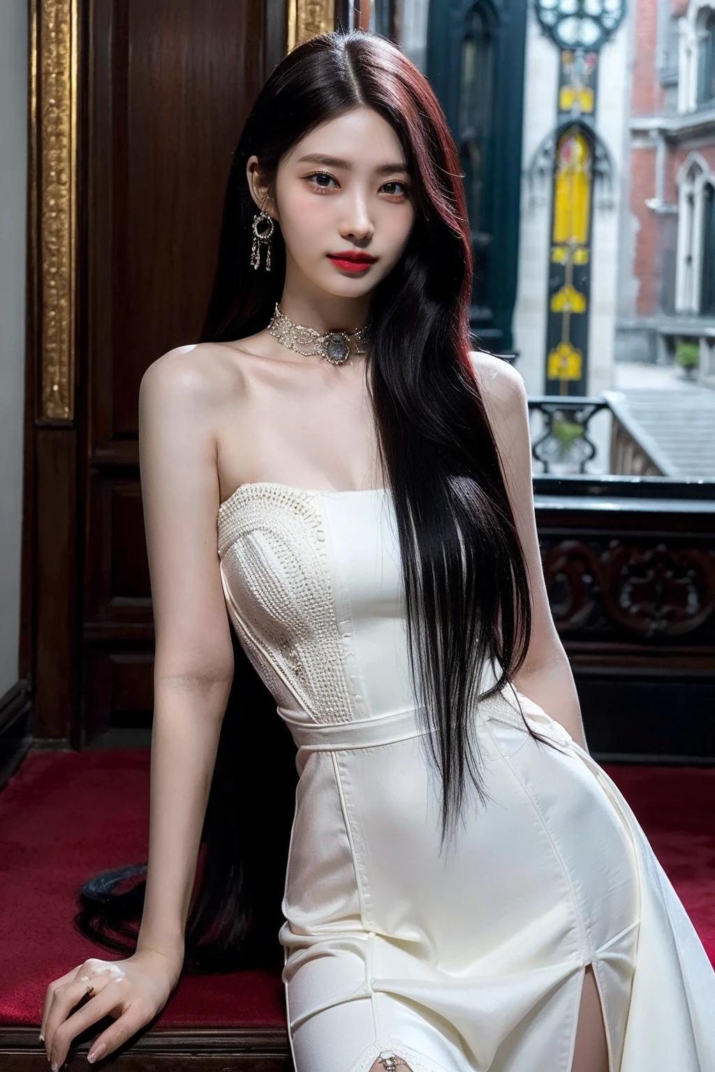 (realistic), (hyperrealism),best quality, masterpiece,ultra high res, (photorealistic:1.4),1girl,(looking at viewer:2), <lora:add_detail:0.3>,luxury gothic mansion,
long elegant red dress, stairs, black choker, earrings, banges, skinny, pale skin,long straight hair,
cowboy shot, <lora:makina69_sihyeon_v1.0:1>