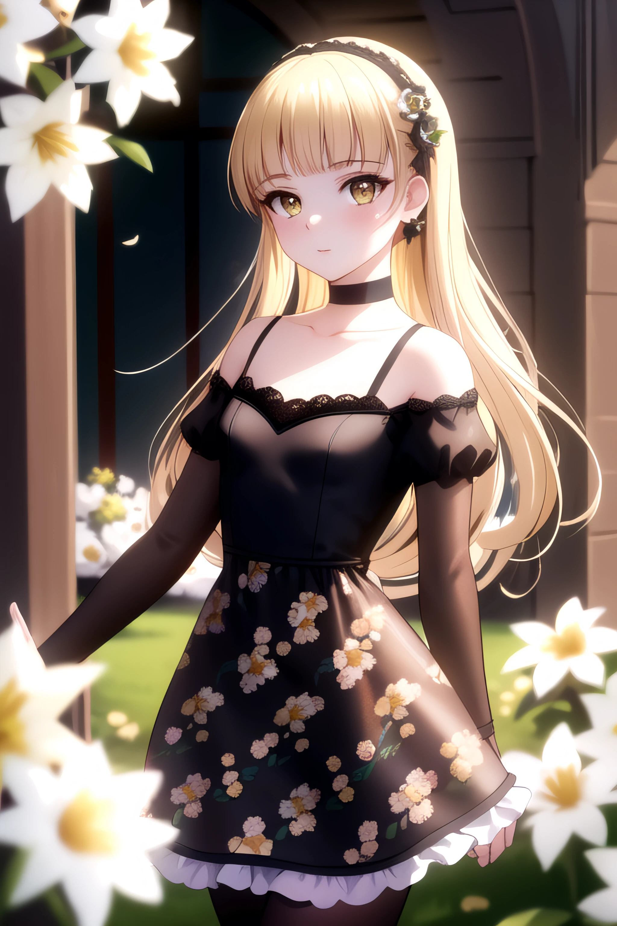 (((masterpiece, best quality, ultra-detailed, ray tracing))), deph of field, (perfect face, detailed face),shiny eyes, fair skin,((high quality face, soft skin )), (collarbone, cinematic light, cinematic shadow),, (Dark Brown skirt(transparent:1.2):1.0), (Bent over:0.7), Pantyhose, Bra, (White flowers print :1.3), <lora:Tiara Royal:1>, tiara royal, blonde hair yellow eyes, long hair, small breasts,