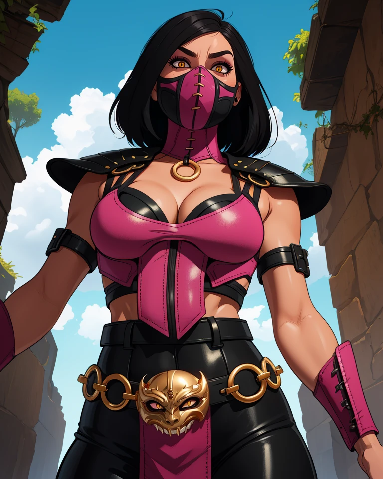 Mileena,black hair,yellow eyes,medium hair,slit pupils,
mouth mask,pink top,cleavage,stitched,leather armor,tight black pants,o-ring,gold belt,
pelvic curtain,sash,sash,
serious,looking at viewer,from below,
cloudy,dungeon,
(insanely detailed, beautiful detailed face, masterpiece, best quality),<lora:Mileenamk10-10v9:0.8>,