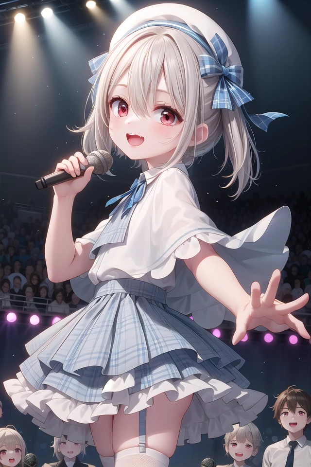 insanely detailed, absurdres, ultra-highres, ultra-detailed, best quality,
1girl, solo, nice hands, perfect hands
BREAK
(gothic drress, Idol costume:1.3), (blue and white theme:1.2), (white blouse:1.4), (white collar, tie:1.3), (open short-cape:1.3), (short sleeve:1.2), (blue tartan-check pattern (ruffle-skirt, multilayer-skirt):1.4), (white basque-beret with ribbon:1.3), (Fishnet stockings:1.3), (glove:1.2), (cleavage:-1.5)
BREAK
happy smile, laugh, open mouth, (standing, singing, dancing, holding microphone:1.4),
,
seductive pose, cowboy shot
BREAK
slender, kawaii, perfect symmetrical face, ultra cute girl, ultra cute face, ultra detailed eyes, ultra detailed hair, ultra cute, ultra beautiful
BREAK
indoors, concert hall, idol live, crowded audience
BREAK
medium breasts,
(grey hair, red eyes), hair between eyes