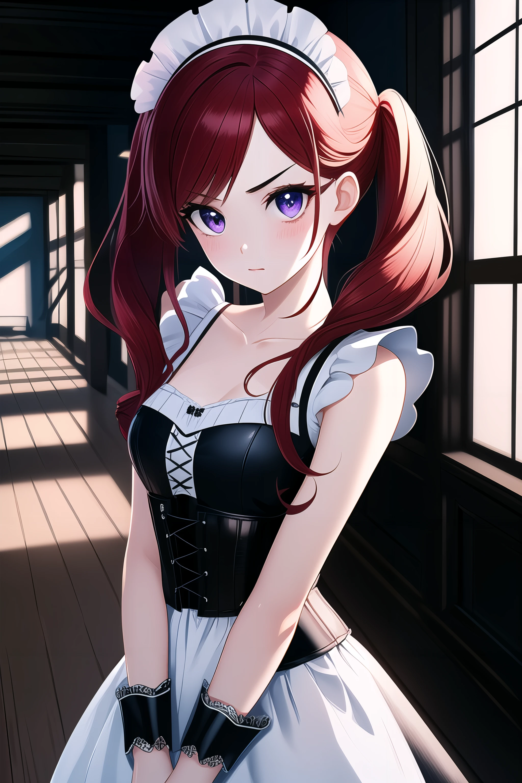 ((cowboy shot:1.3)), maid, corset, maid dress, adult:1.1, five fingers on each hand, detailed hand, ultra-detailed background, maid headdress, twintails, shy pose , looking to the side, v-shaped eyebrows, arms together front , blush, head turning left side, solo, 1girl,