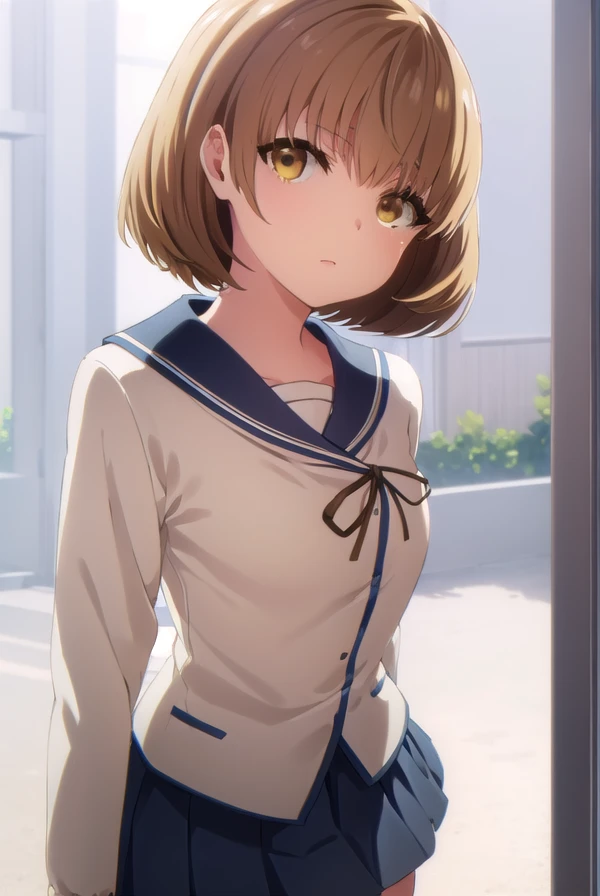 kimiekamata, <lora:kimie kamata s1-lora-nochekaiser:1>,
kimie kamata, short hair, brown hair, hair ornament, (brown eyes:1.5),
BREAK skirt, long sleeves, school uniform, pleated skirt, serafuku,
BREAK indoors, classroom,
BREAK looking at viewer, (cowboy shot:1.5),
BREAK <lyco:GoodHands-beta2:1>, (masterpiece:1.2), best quality, high resolution, unity 8k wallpaper, (illustration:0.8), (beautiful detailed eyes:1.6), extremely detailed face, perfect lighting, extremely detailed CG, (perfect hands, perfect anatomy),