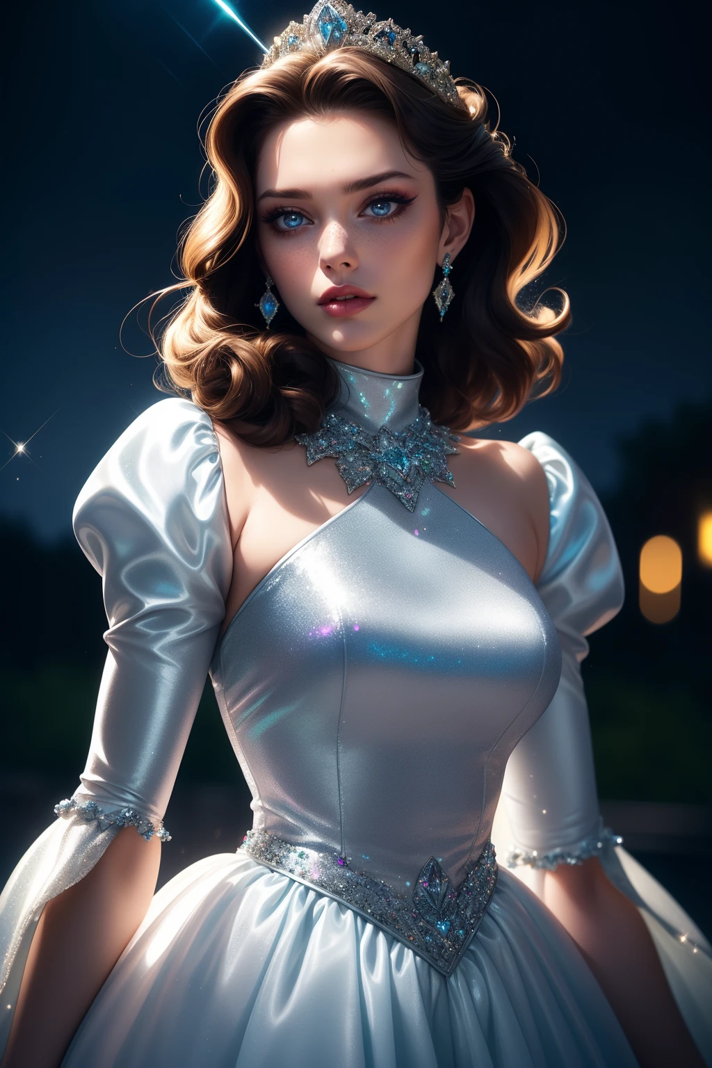 cinematic film still EmilyDiDonato, age 30, ((turtleneck, puffy sleeves)), long skirt, blue eyes, brown hair,  collar, jewelry, earrings,  mid shot,  <lora:EmilyDiDonato2-45:0.8> parted lips, (makeup, eyeliner, eyeshadow), bokeh, textured skin, high detail, high quality, full moon, (((night))), ballroom, (((transformation magic))) ((shimmering, sparkles:1.1, motes:1.1, iridescent)), cinderella theme,elegant ballgown, (((surprise))), [tiara|laurels], freckles:0.8, gem encrusted, specular lighting, ((white sclera)), god rays . shallow depth of field, vignette, highly detailed, high budget, bokeh, cinemascope, moody, epic, gorgeous, film grain, grainy