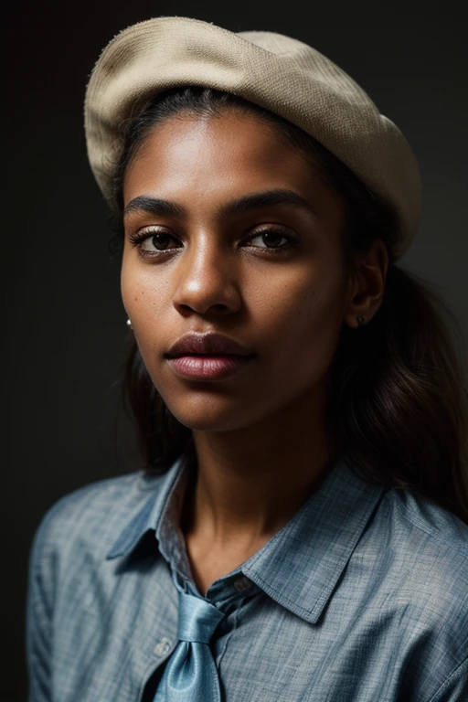 PA7_Photo_v3,  PA7_Human-Likeness, PA7_Skin-Imperfection, a woman, dark skin, slender, Chambray shirt dress with a tie waist and shirt collar, 
 PA7_Portrait-MS