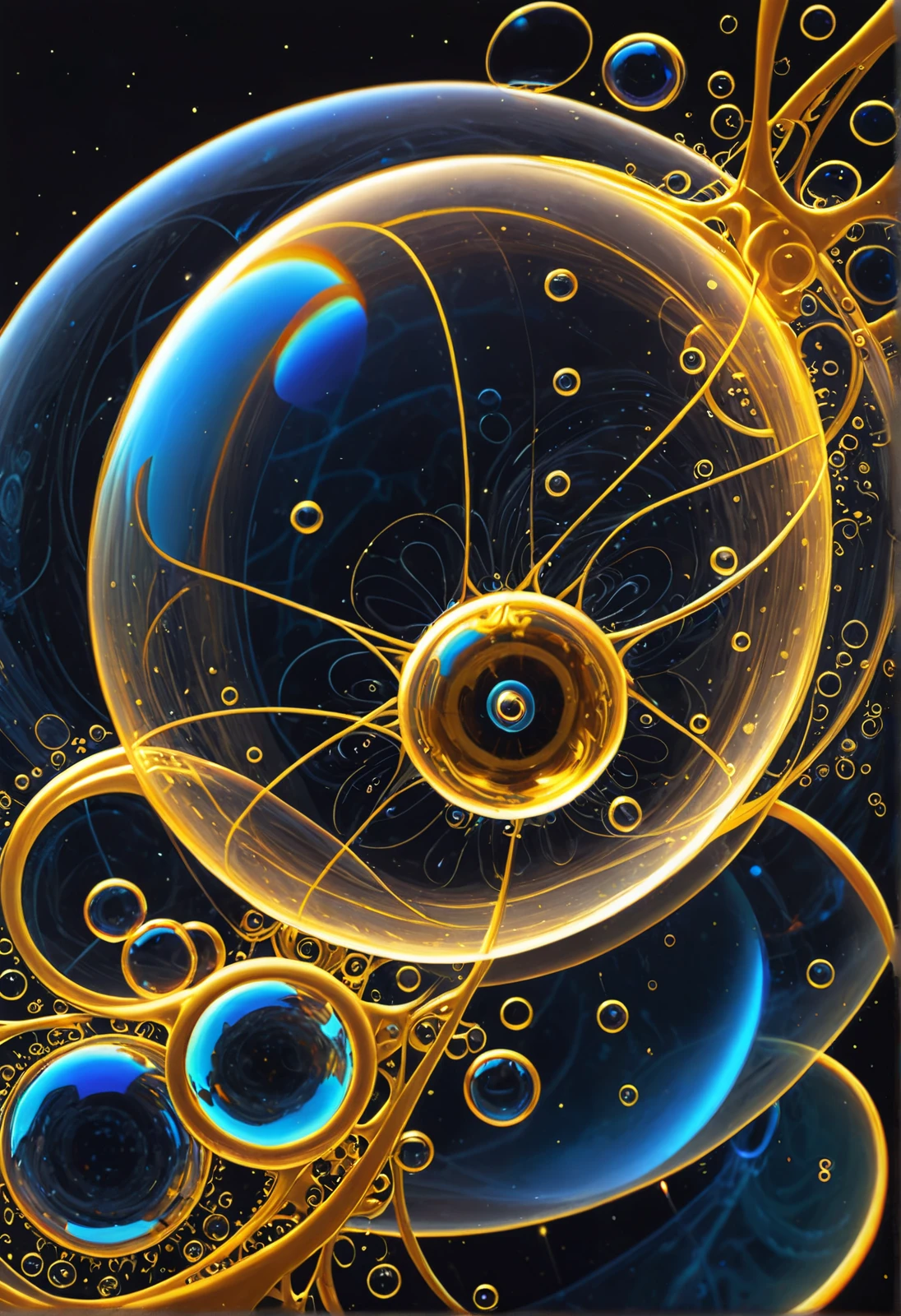 Bubble chamber photography, quantum particles, traced paths, prismatic interpretation, 8k, UHD, HDR, masterpiece, impressionistic realism, speed painting aesthetic, golden ratio, brilliant composition, impressive detailing