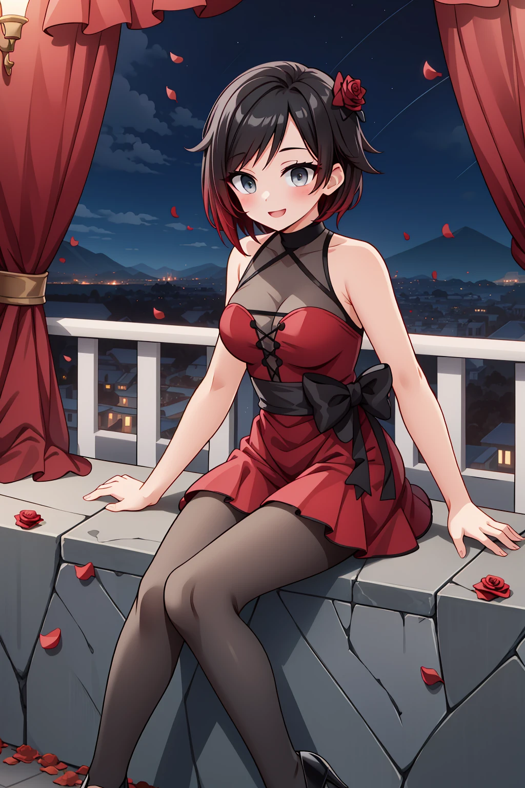 solo, <lora:RubyDance2-05:0.8>, (ddirose), ruby rose,grey eyes,black hair, gradient hair,red dress, pantyhose, high heels, bow, sitting on stone railing, balcony, distant mountains, rose petals, blush, light smile, night