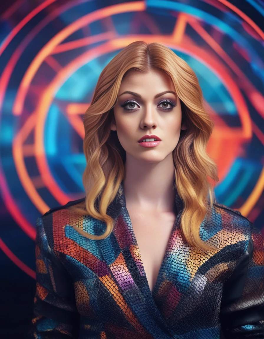 KatherineMcnamara,<lora:KatherineMcnamaraSDXL:1>, cinematic photo (full-body:1.85) A futuristic portrait of a beautiful young woman on a simple paper studio background with a strong colourful intricate circular geometrical pattern, geometrical makeup, (highly detailed skin texture:1.6), pores, high contrast . 35mm photograph, film, bokeh, professional, 4k, highly detailed