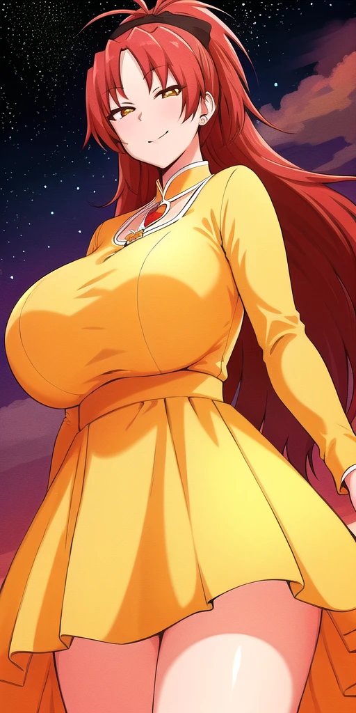 <lora:kyouko_sakuraV2:0.7> kyouko_sakura, huge_breasts, standing, solo, yellow_dress, starry_sky,, masterpiece, best quality, detailed face, detailed eyes, highres,