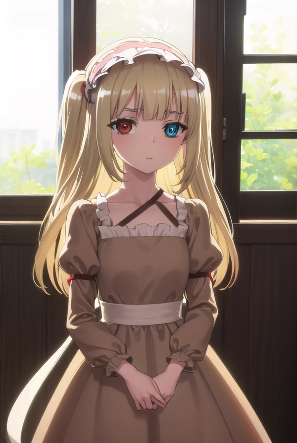 kobatohasegawa, <lora:kobato hasegawa s2-lora-nochekaiser:1>,
kobato hasegawa, long hair, blonde hair, (red eyes:1.3), blue eyes, (heterochromia:1.5), two side up,
BREAK dress, hairband, frills, long sleeves, puffy sleeves, juliet sleeves, (brown dress:1.3),
BREAK indoors, classroom,
BREAK looking at viewer, (cowboy shot:1.5),
BREAK <lyco:GoodHands-beta2:1>, (masterpiece:1.2), best quality, high resolution, unity 8k wallpaper, (illustration:0.8), (beautiful detailed eyes:1.6), extremely detailed face, perfect lighting, extremely detailed CG, (perfect hands, perfect anatomy),