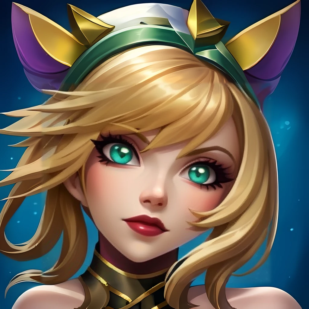 HEZI, LOL style, Summoner Avatar, Game avatar, Western cartoon game style, 1girl, solo, pink eyes, black lips, looking at viewer, portrait, hair ornament, smile, black hair, pointy ears, bangs, bare shoulders, hair between eyes, purple hair, pink background, closed mouth, glowing, fang, official alternate costume, swept bangs, purple eyes, glowing eyes, makeup, fangs, long hair, lipstick, short hair, colored sclera, facial mark, artist name, piercing<lora:çåç³»åââlolå¬å¤å¸å¤´å飿 ¼:0.7>,