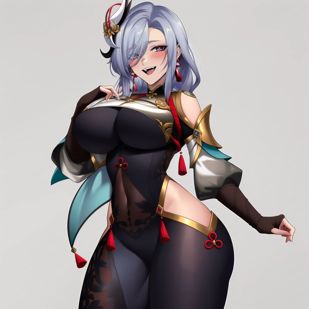 (masterpiece, best quality:1.3), Hz_666V, 1girl, solo, looking at viewer, blushing, wide hips, mature female, open mouth, grin, large breasts, full body, cowboy shot, thick thighs, <lora:Hz_666V Style Lora:.85>, shenhe \(genshin impact\), grey hair, long hair, hair ornament, hair over one eye, blue eyes, earrings, braided ponytail, puffy sleeves, gold trim, gloves, bodysuit, breast curtain, shoulder cutout, covered navel, hip vent, clothing cutout, tassel <lora:shenhe:.8>