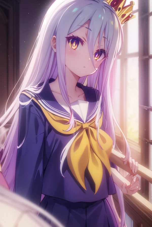 ngnlshiro, <lora:ngnl shiro s1-lora-nochekaiser:1>,
shiro, long hair, hair between eyes, very long hair, white hair, messy hair, (yellow eyes:1.3),
BREAK crown, shirt, long sleeves, school uniform, serafuku, sailor collar, neckerchief, white sailor collar, yellow neckerchief,
BREAK indoors,
BREAK looking at viewer, (cowboy shot:1.5),
BREAK <lyco:GoodHands-beta2:1>, (masterpiece:1.2), best quality, high resolution, unity 8k wallpaper, (illustration:0.8), (beautiful detailed eyes:1.6), extremely detailed face, perfect lighting, extremely detailed CG, (perfect hands, perfect anatomy),