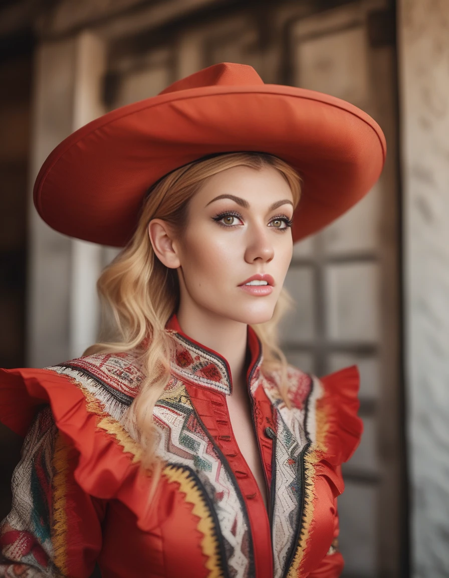 KatherineMcnamara, photograph, Secret Burundian Female, wearing Albanian Mexican charro suit, inside a Satin Portal, deep focus, natural lighting, film grain, Sony A9 II, Depth of field 270mm, <lora:KatherineMcnamaraSDXL:1>