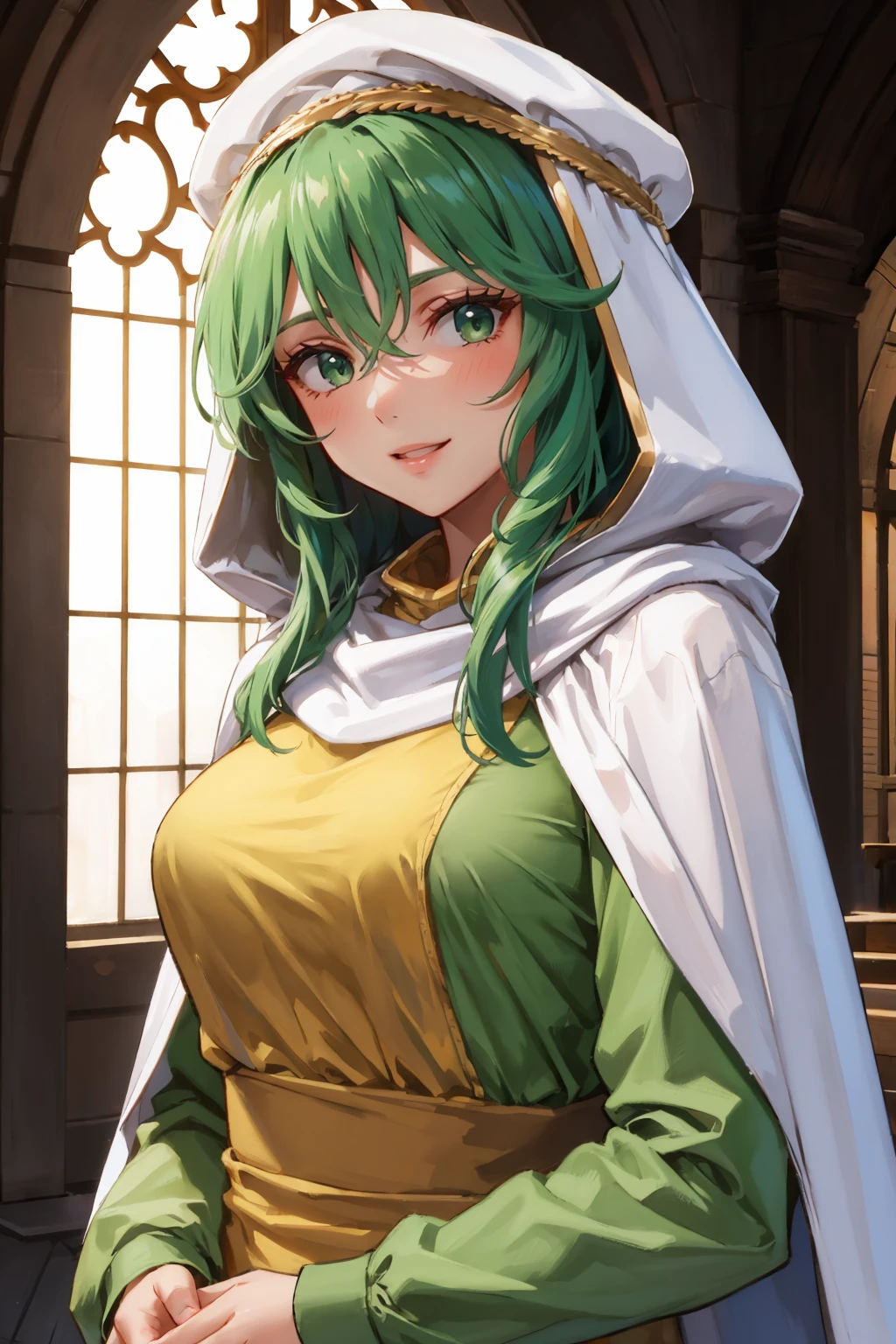 masterpiece, best quality, <lora:safy-nvwls-v1-000008:0.9> safy, hood, white cloak, green dress, long sleeves, upper body, looking at viewer, cathedral, serene smile
