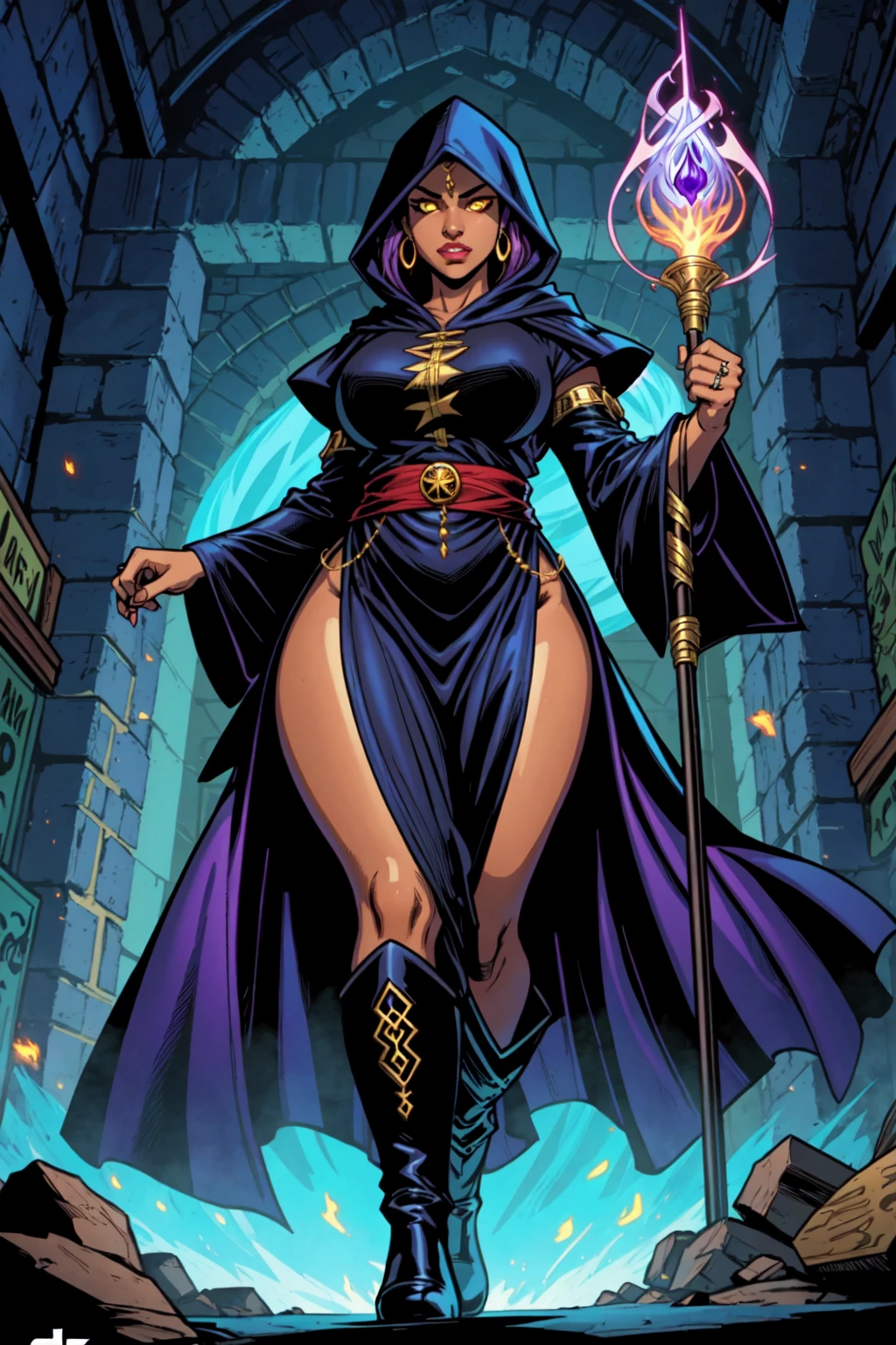 (masterpiece, best_quality, ultra-detailed), epic, illustration, 1girl, solo, magic wielding wizard woman, dark skin, dark skinned female, yellow eyes, glowing eyes, glowing, purple hair, voluptuous, wide hips, long skirt, feathered wings, wide sleeves, black robe, robe, hood down, ring, jewelry, black boots, fist up, holding, magical staff, dungeon background, indoors, underworld, fire from below, gold accent, comic book cover, inked lines, ultra sharp, extremely detailed