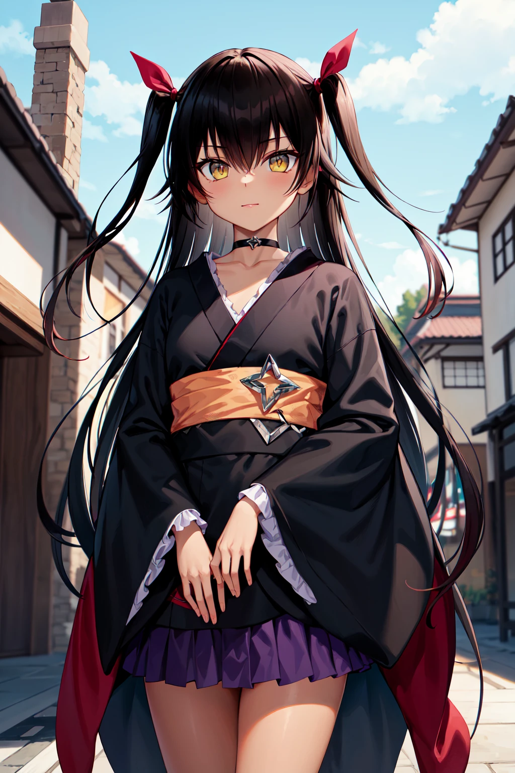 masterpiece, best quality, highres, aanemesis, long hair, black hair, two side up, hair ribbon, tan,. dark skin, black choker, frills, japanese clothes, (black kimono:1.2), obi, purple skirt, <lora:nemesis_v1:0.7>, standing, cowboy shot, outdoors,