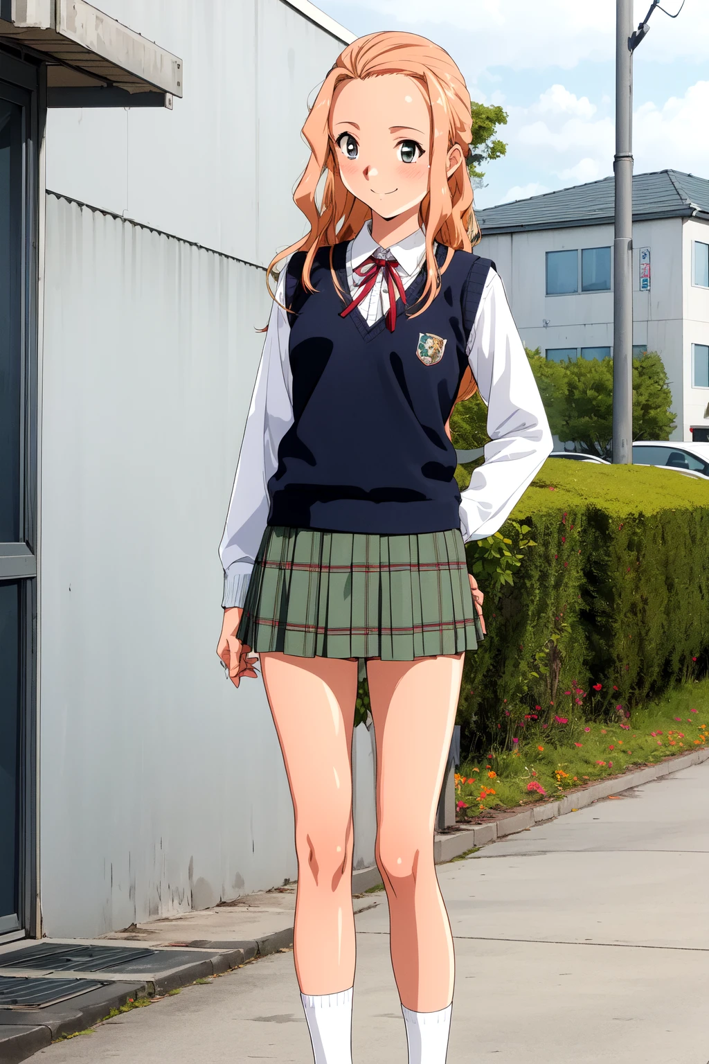 (RAW photo, best quality), 1girl, smile, solo, outdoor, in front of a school,
<lora:innai_kansen_shite_mizuho_v2_2-000003:1>, shite mizuho, hand on hip,
school uniform, ribbon, sweater vest, plaid skirt, beautiful legs, long legs, loose socks, loafers,