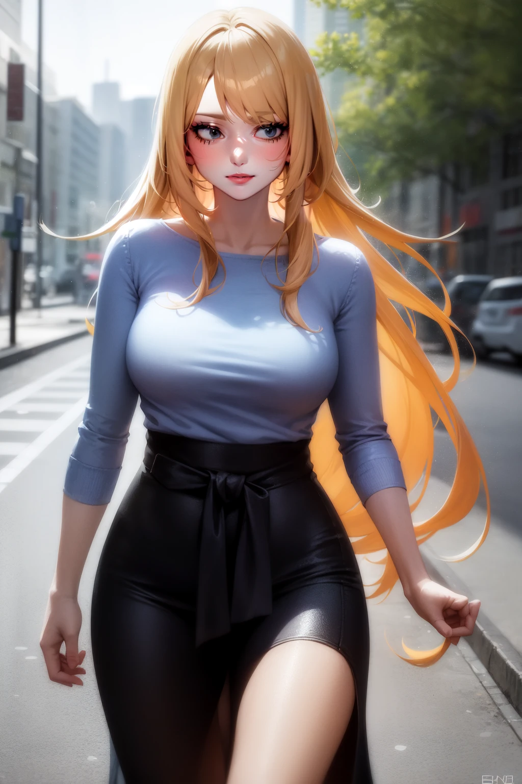 Anime illustration of a woman, long blond hair, walking through the street, waist up shot, centered, detailed, looking at viewer