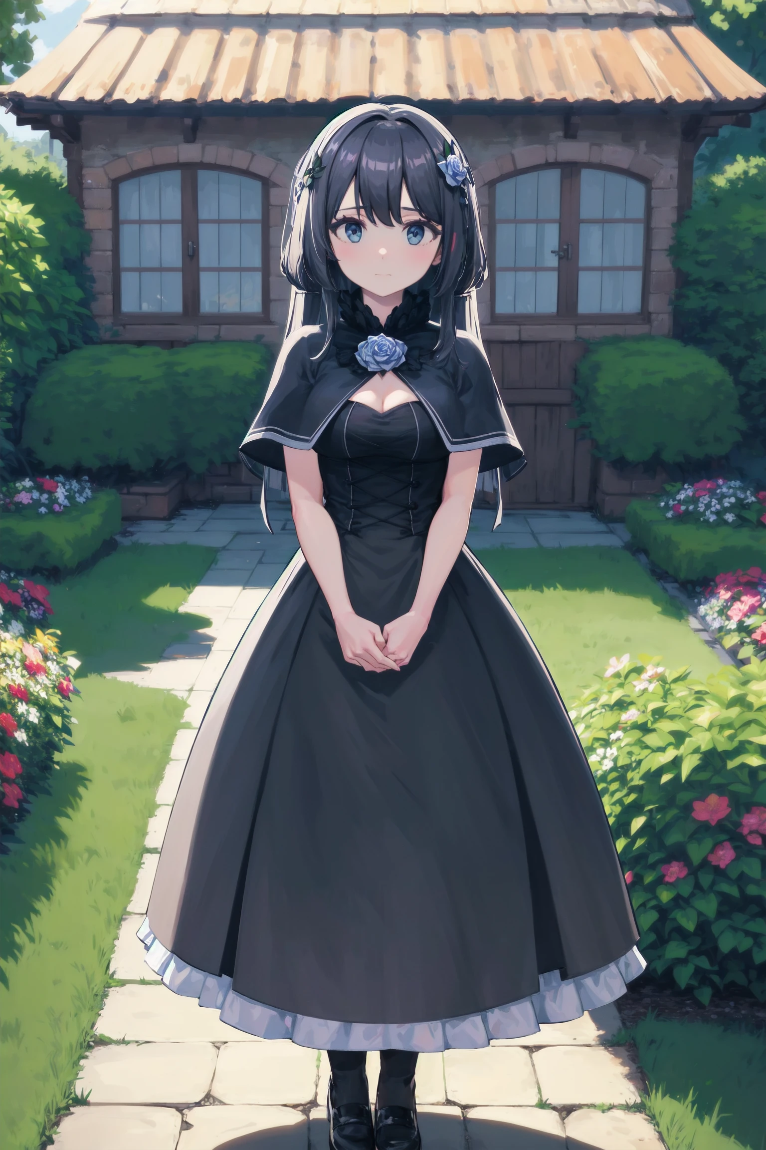 masterpiece, absurdres, uhd, garden, garden house, flower, warterway,
standing, v arms, looking at viewer,
marian, long hair, black capelet, black dress, sister,
<lora:MGCM-marianne-t1-000100:0.8>