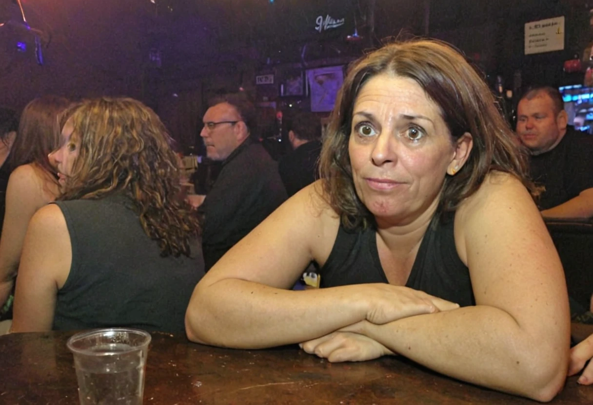 <lora:BadQualityOP_SDXL_v01:1.4> a bad quality amateur photo of a (hideous ugly lumpy unattractive:1.2) 40 year old woman looking away into the distance sitting at table booth in a dark crowded bar surrounded by clutter, ((dimly lit, low lit, deep focus, snapchat)) ,jpeg artifacts, bad quality , grainy jpg , blurred, motionblur, ugly,