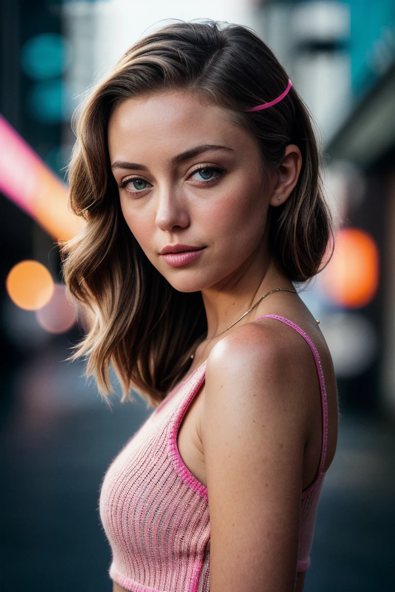 photo of (ell4c4nn0n-135:0.99), a beautiful woman, perfect hair upsweep updo, (modern photo, Bright Navy Textured knit crop top), 24mm, (analog, cinematic, film grain:1.3), ((plain Neon Pink background, gradient:1.2)), detailed eyes, (seductive pose), (epicPhoto), (looking at viewer), (cinematic shot:1.3), PA7_Portrait-MCU