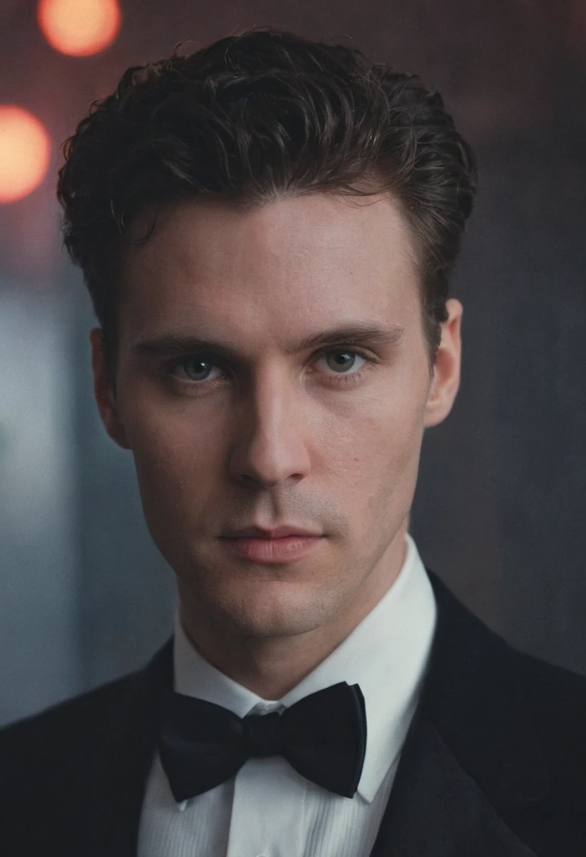 RAW face closeup portrait of a man wearing a tuxedo, professional photography, in blade runner, high resolution, 4k, 50mm, vaporwave, photo by Brooke Shaden, close portrait