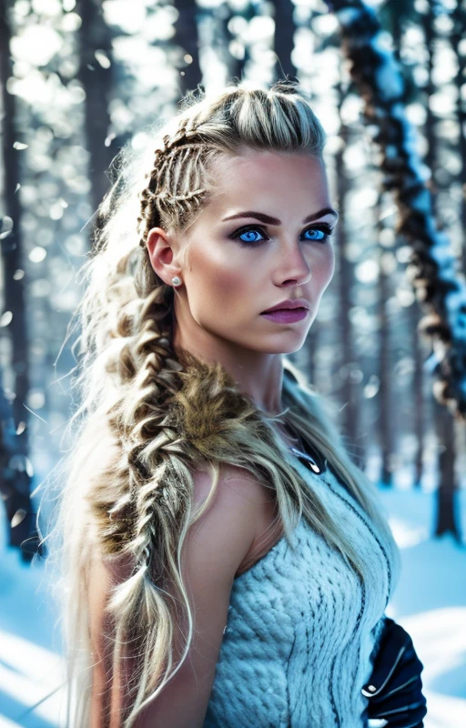 cinematic photo scandinavian girl, braided hair, viking, intense eyes, depth of field, blurry background, voluminetric light, 8k wallpaper, snow, trees, sunshine, stunning portrait, hdr, <lora:braided_viking:1>, hair ornaments . 35mm photograph, film, bokeh, professional, 4k, highly detailed