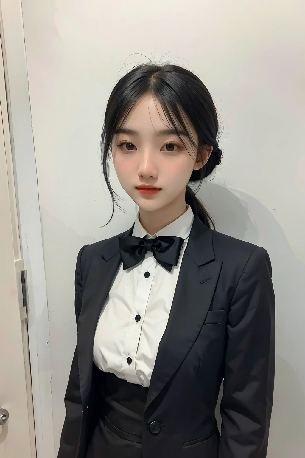 1girl, black  random formal attire, white background,   <lora:_Barr_bie-04:1>