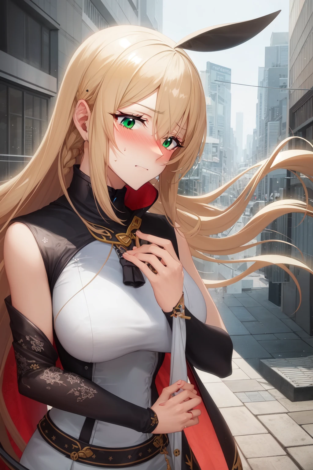 Anime illustration of a woman, long blond hair, walking through the street, waist up shot, centered, detailed, looking at viewer