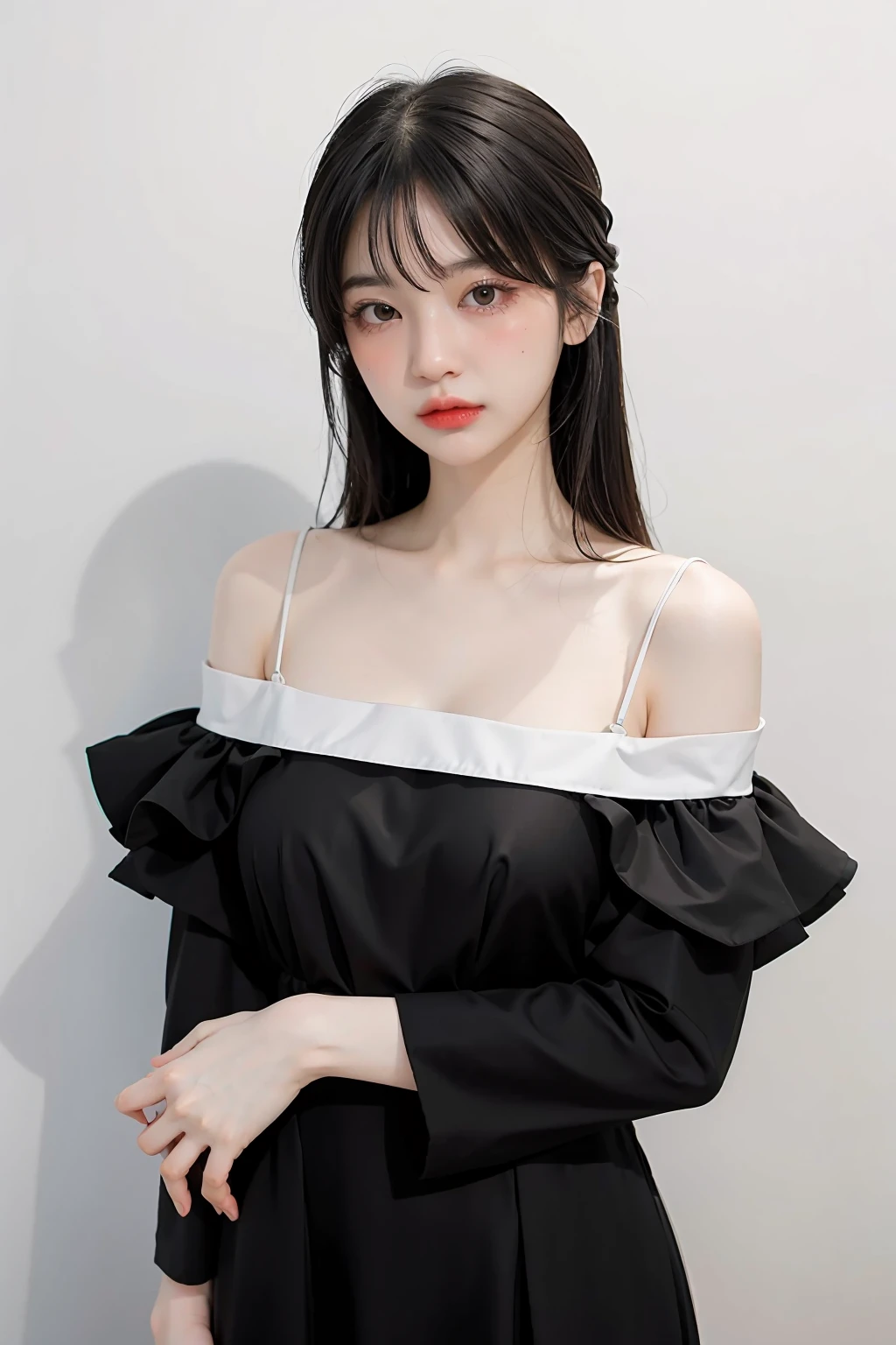 1girl,hair with bangs,black long dress,white background, <lora:bllncp-04:1>