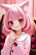 (masterpiece), (best quality), (extremely detailed), (1girl), solo, (pretty cute girl), looking at viewer, slender, smile, pink eyes, pink hair, cat girl, (black animal ears:2), (black tail:2), peace sign, (white long sleeves), (pink buttons short dress:2), pink kawaii room, pinky, heart item, red ribbon, standing, pink curtain, upper body, indoors, hands, fluffy, extremely detailed wallpaper, (parfect detail features), 8k, UHD, <lora:128-256_v1:1> 256,