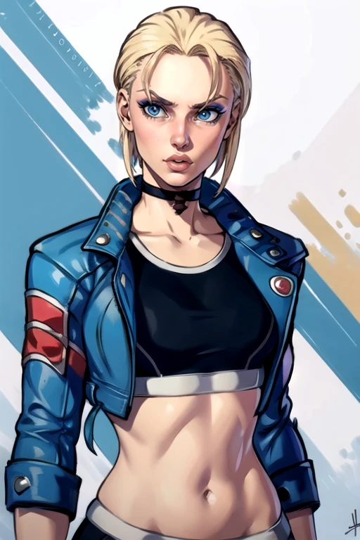 masterpiece,best quality,extreme detail,8k,<lora:cammy6:0.8>, cammysf6, 1girl, solo, breasts, looking at viewer, short hair, blue eyes, blonde hair, navel, jacket, choker, midriff, signature, dated, lips, crop top, makeup, blue jacket, cropped jacket, sports bra, nose, denim jacket
