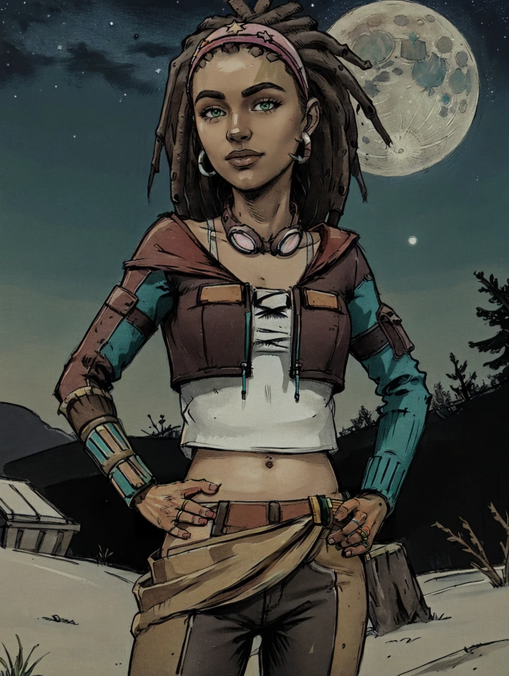masterpiece, hand on hip, <lora:SashaTFTBv2on1.5:0.8> sashatftb, green eyes, dark skin, 1girl, solo, jewelry, earrings, dark-skinned female, brown hair, dreadlocks, hairband, pastoutfit, goggles around neck, midriff, navel, crop top, outdoors, night sky, stars, moon, looking at viewer