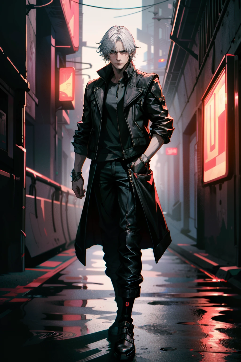 ((ultra detailed, masterpiece, absurdres))
<lora:DMC5Dante:0.9>
DMC5Dante, 1boy, solo, short hair, white hair, Cyberpunk street style, standing pose, neon lights, leather jacket, edgy attitude
