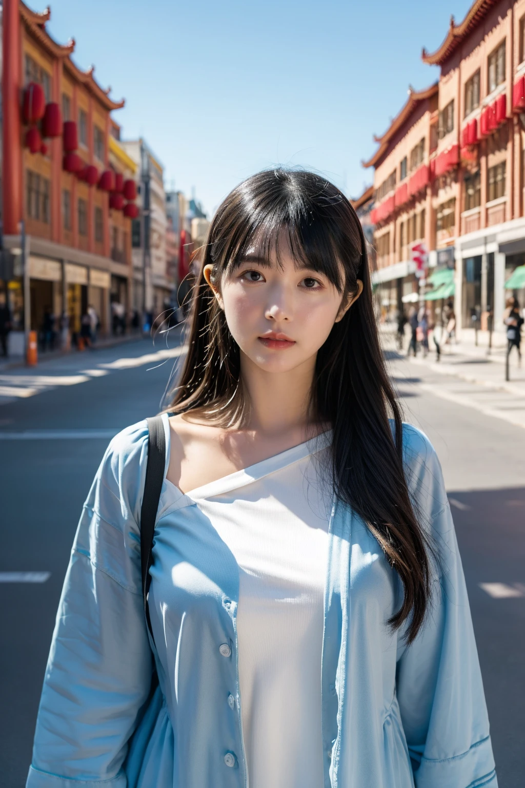 1girl,upper body,looking at viewer, standing,princess tutu, princess,palace, brown hair, long hair,cityscape, beijing,masterpiece,best quality,highres, photorealistic,