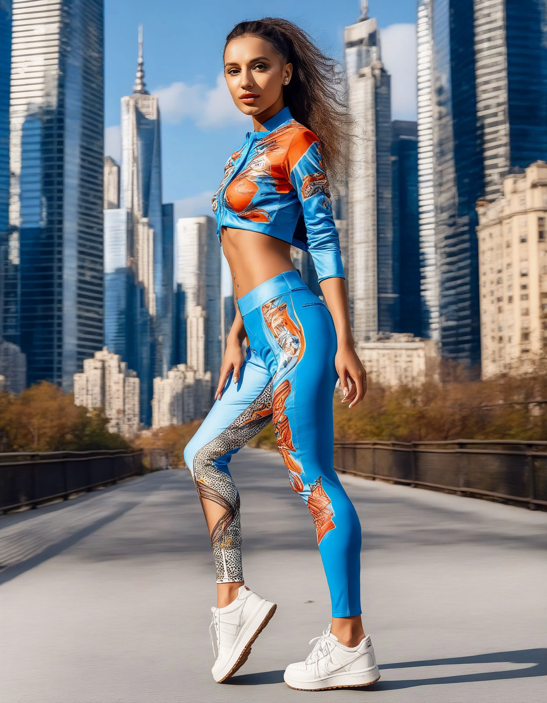 Medium full-body painting of GloriaSolSDXL, exuding confidence with a powerful stride, dressed in sporty-chic ensemble with urban flair, captured against a backdrop of city skyscrapers under natural sunlight <lora:GloriaSolSDXL:1>
