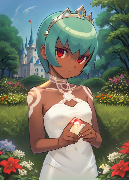masterpiece, best quality, extremely delicate and beautiful, highres, original, <lora:Sera:0.8>, MSera, short hair, green hair, red eyes, dark skin, white tattoo on shoulders, white dress, princess, princess dress, ((royal dress)), tiara, upper body, serious, garden, colorful garden, castle, looking at viewer,