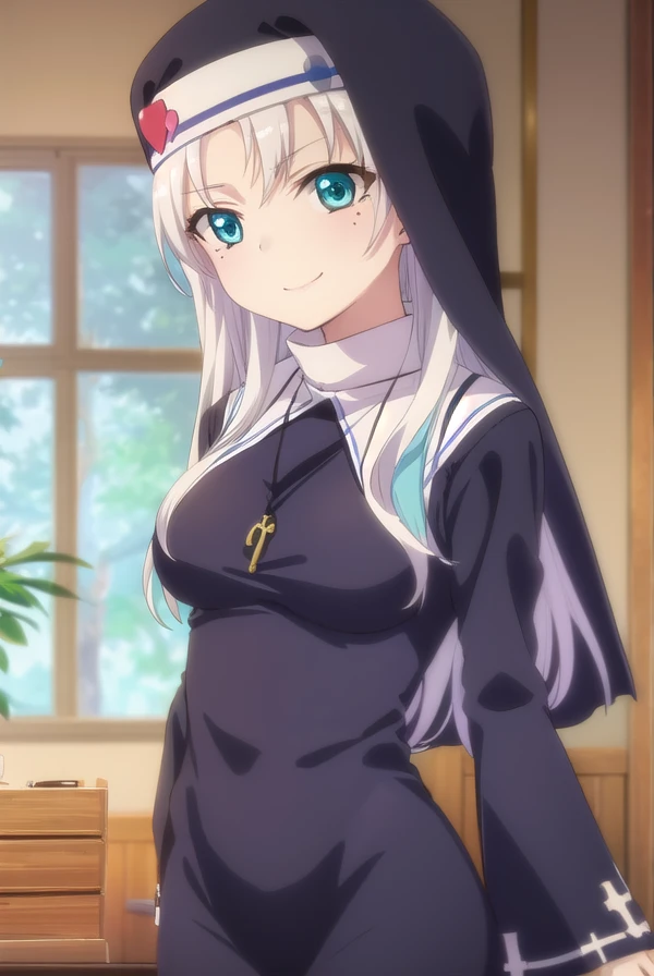 katetakayama, <lora:kate takayama s2-lora-nochekaiser:1>,
kate takayama, long hair, white hair, mole, aqua eyes, mole under eye, smile,
BREAK long sleeves, dress, jewelry, necklace, black dress, cross, nun, habit, cross necklace,
BREAK indoors, classroom,
BREAK looking at viewer, (cowboy shot:1.5),
BREAK <lyco:GoodHands-beta2:1>, (masterpiece:1.2), best quality, high resolution, unity 8k wallpaper, (illustration:0.8), (beautiful detailed eyes:1.6), extremely detailed face, perfect lighting, extremely detailed CG, (perfect hands, perfect anatomy),