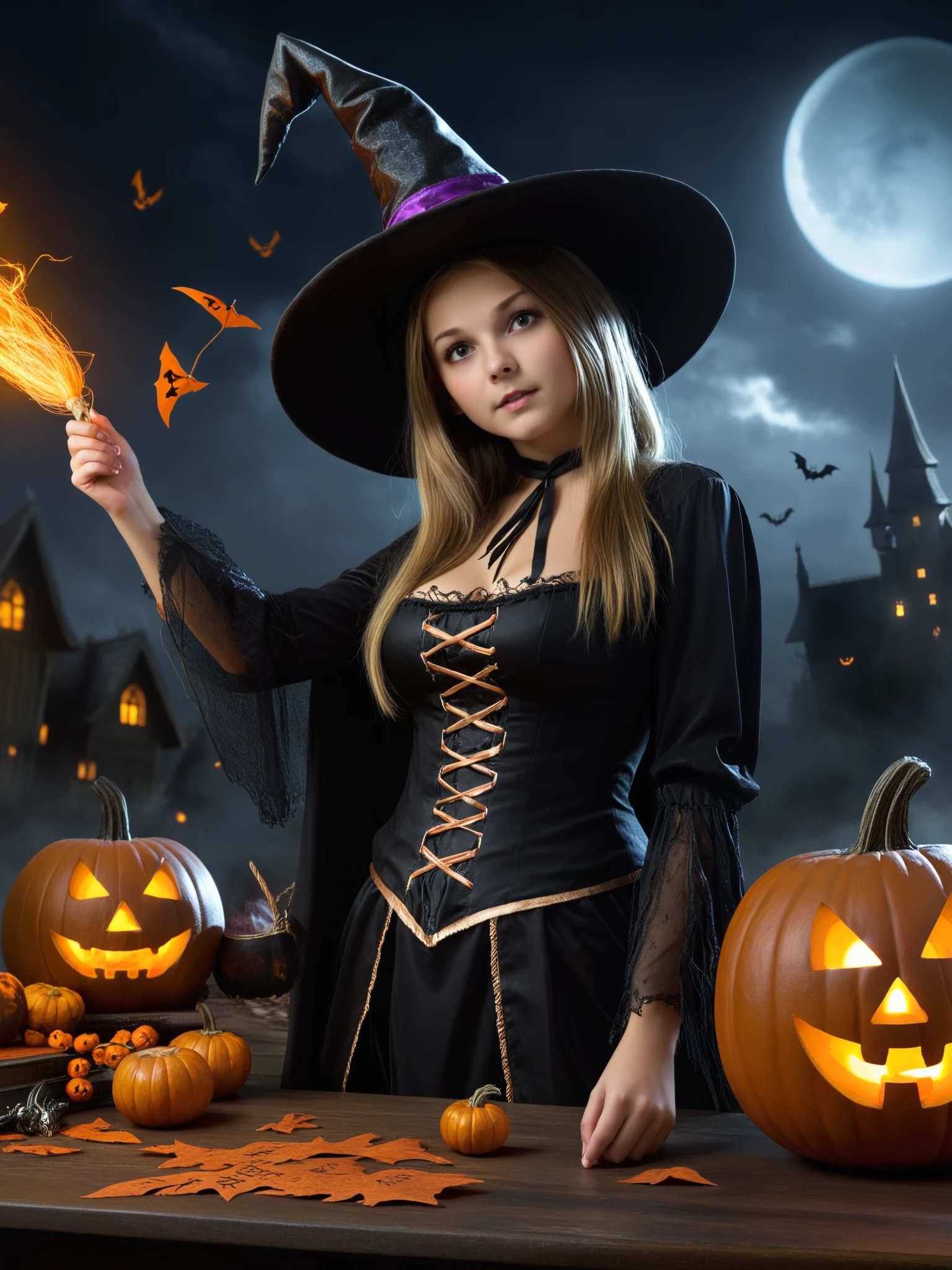 <lora:SDXL_JeffMilton_v1:1> , JeffMilton, girl, helloween costume, witch, magic, highres, masterpiece, best quality, ultra-detailed 8k wallpaper, extremely clear