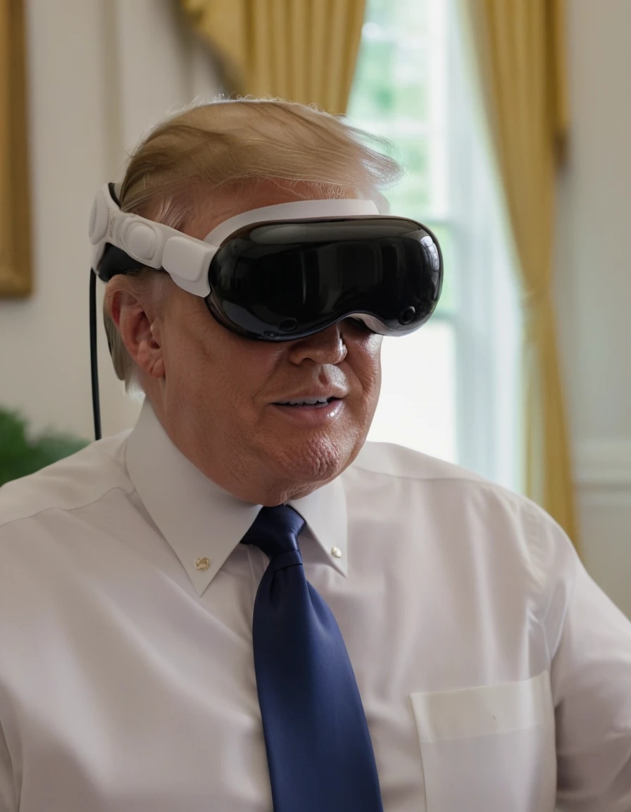 Donald Trump is wearing vsnz headset <lora:AppleVisionProDoguXL_vsnz:1>