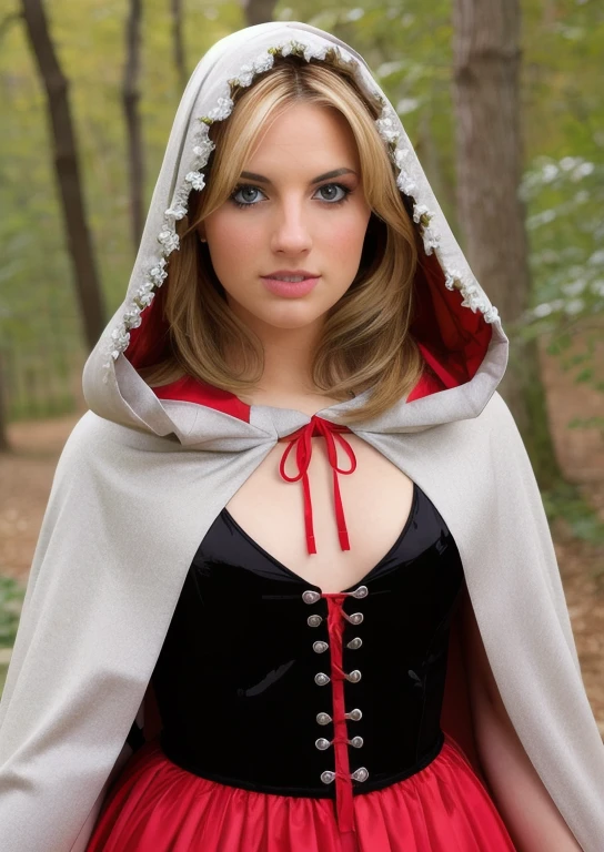 "blonde girl with big, perky breasts dressed sexy as Red Riding Hood in the forest."