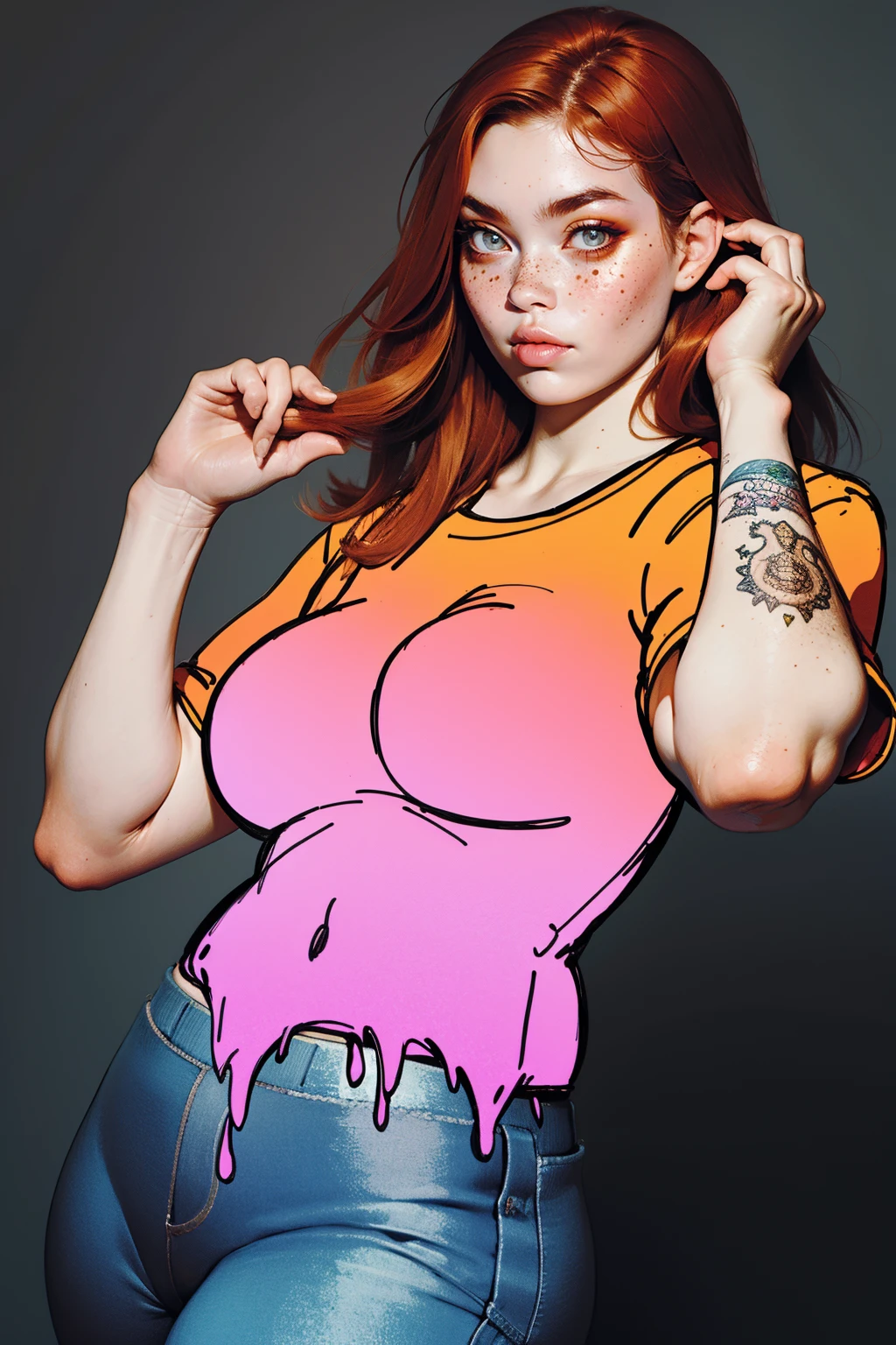 Dr4wn0n shirt, mixed media, cel shading clothing, slime,,<lora:Dr4wn0n:0.9> <lora:detail_slider_v4:1> <lora:Fr3ckles:0.7> Fr3ckles, freckles, ginger hair, medium breasts, long hair, grey eyes, <lora:weight_slider_v2:0.8> solo, jeans, <lora:age_slider_v6:0.9>