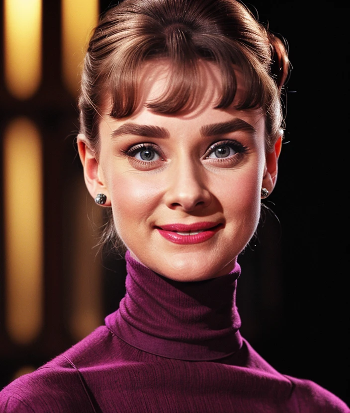 <a8dr1>, Ultra-HD-realistic-details, upper body, Black background, smile, Colorful dress, turtleneck, 60s style, Soft and sweet feature, jewelry