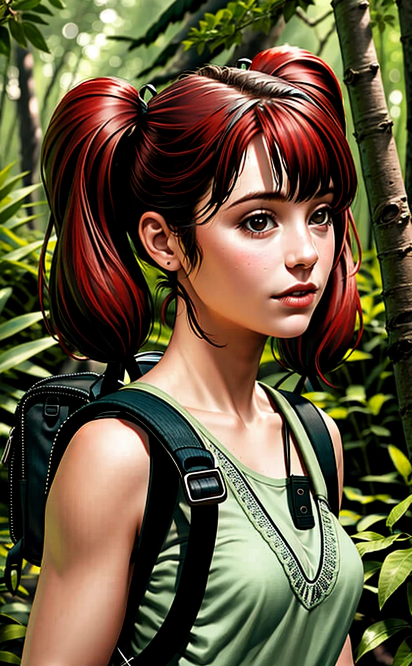 1girl, female *****, short twintails, twintails, swept bangs, backpack, forest, red hair, walking, realistic, (photorealistic:1.1), (lineart:0.8), (black outline:0.4), (thick outlines:0.5)