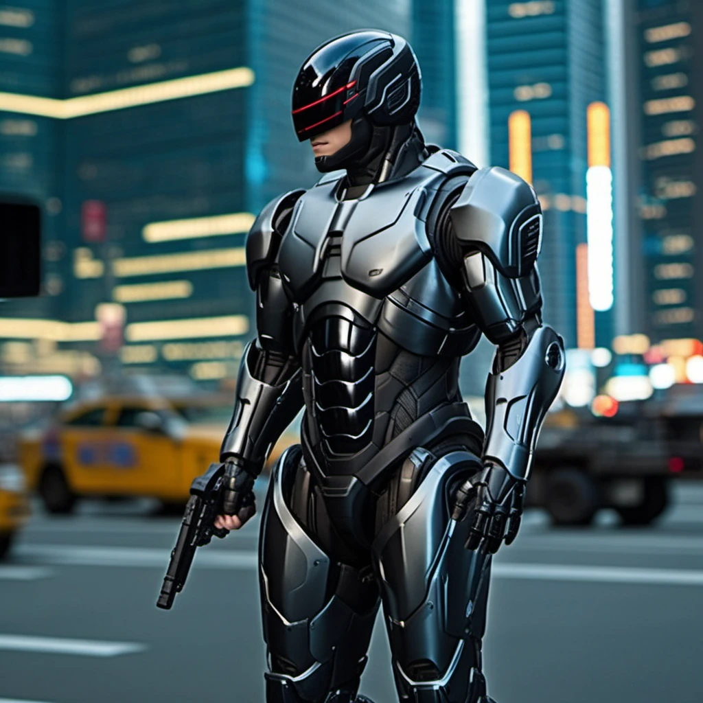 Robocop2014, a black armored robot, full body, cyberpunk city background, highly detailed, photography, ultra sharp, film, professional, 64k <lora:add-detail-xl:1.5> <lora:Robocop2014-1024-000325:0.6>