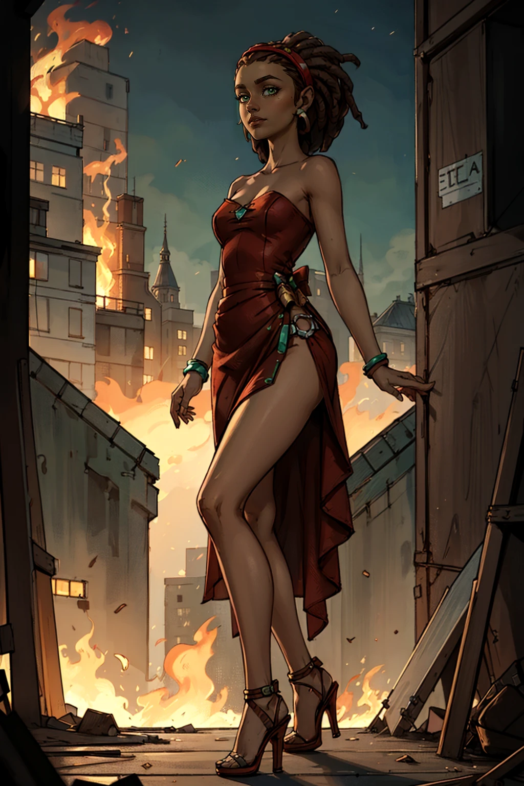 masterpiece,standing, Neutral Expression, <lora:SashaTFTBv2on1.5:0.7> sashatftb, green eyes, dark skin, 1girl, solo, jewelry, earrings, dark-skinned female, brown hair, dreadlocks, hairband,(elegant dress, bare shoulders, bare arms, high heels:1.2), embers, fire, red carpet, buildings