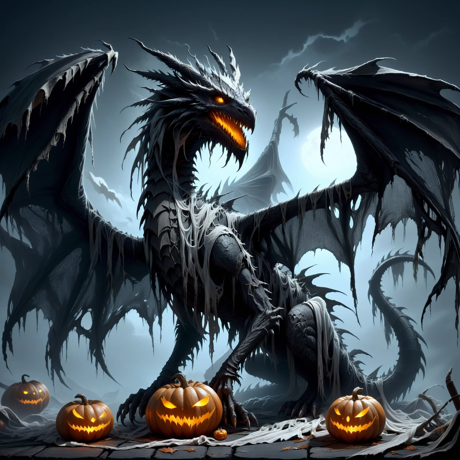 <lora:hw_ghostly_XL:1> hwghostly, winged dragon, long tattered rags, gloomy, glowing eyes,