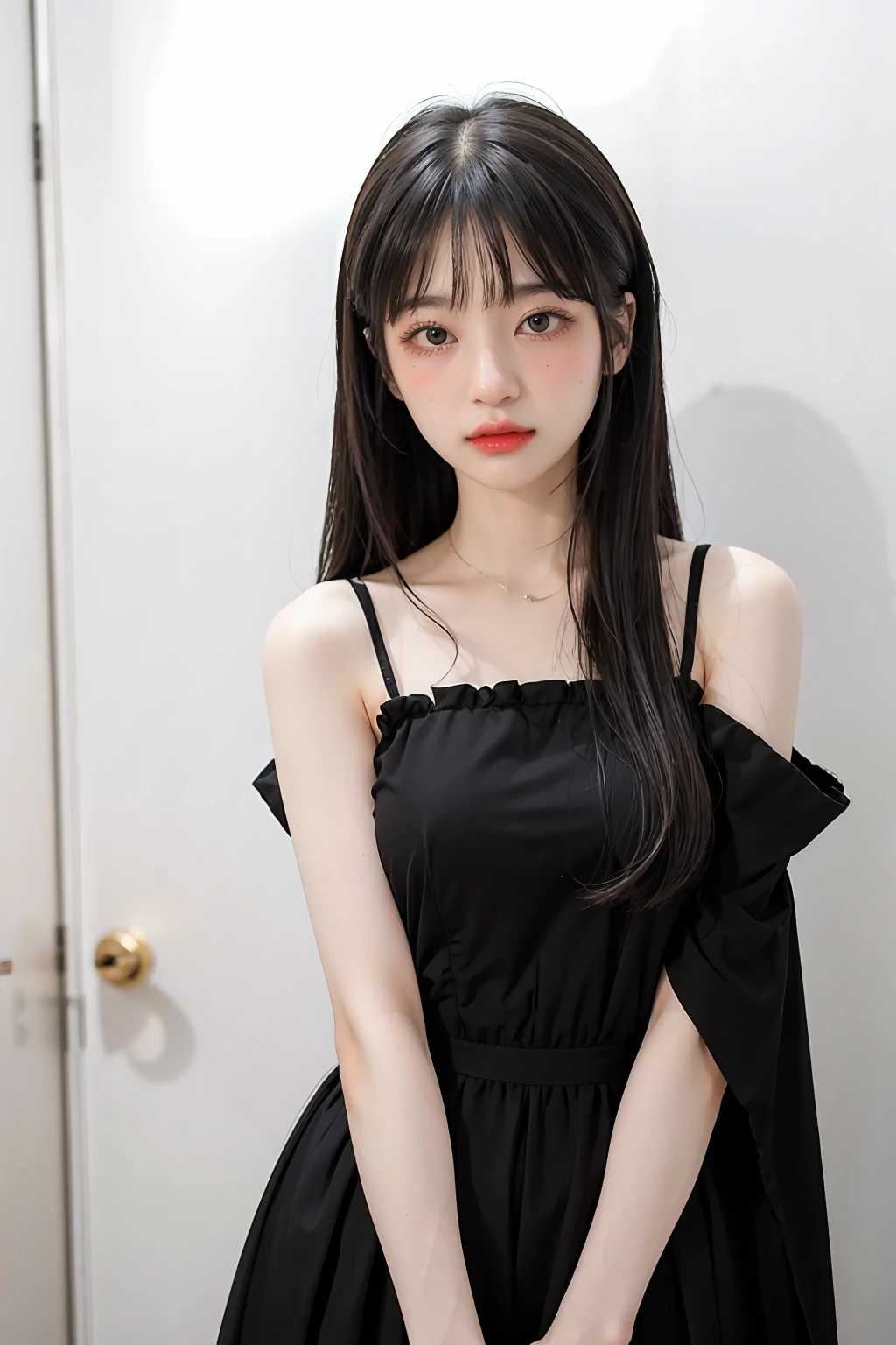 1girl,hair with bangs,black long dress,white background, <lora:bllncp-04:1>
